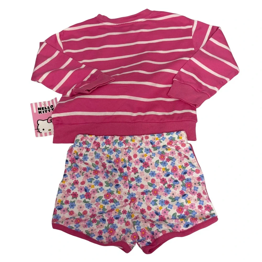 Hello Kitty Sanrio‎ Toddler Girls 3T Pink Striped Sweatshirt Floral Shorts Set